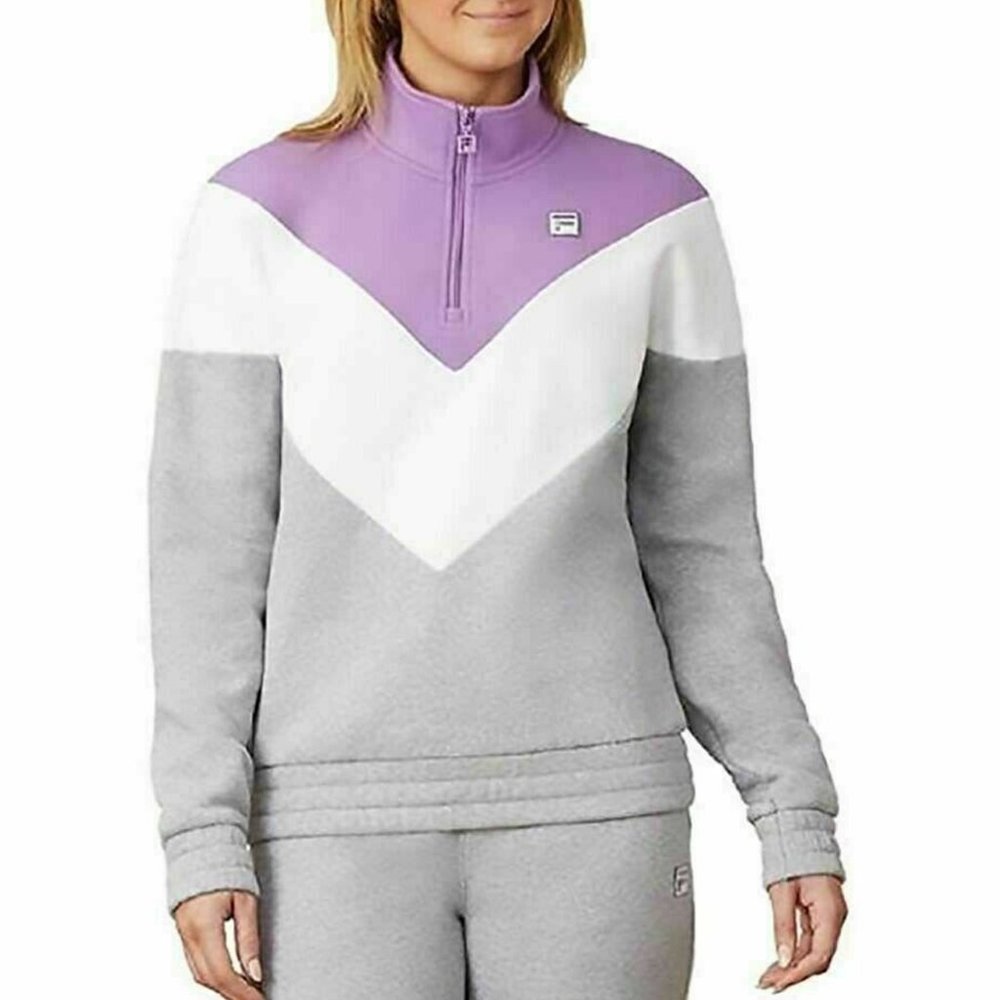 FILA Ladies' 1/4 Zip Pullover Long-Sleeve Sweater Grey/Lavender/White  NWT